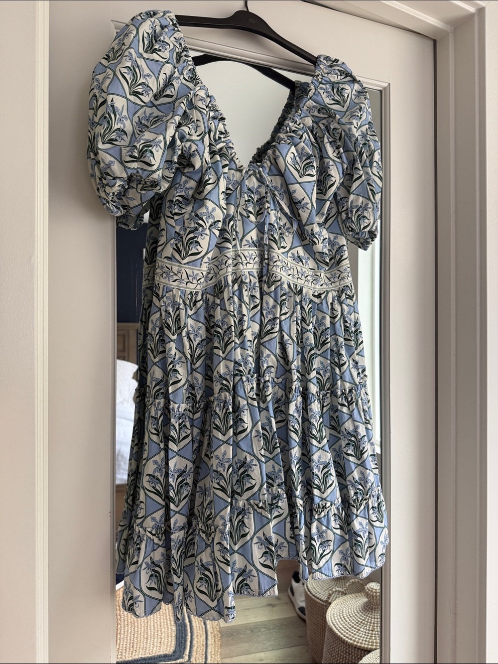 Agua by Agua Bendita Blue and Cream Floral Puff-Sleeve Mini Dress
